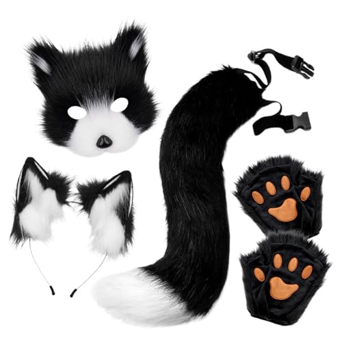 Generisch Fuchsschwanz Kunstpelz Fuchs Maske Therian Tail Tier Fuchs Kostüm Set Fuchsohren Und Schwanz Set Katzen Wolf Kostüm von Generisch