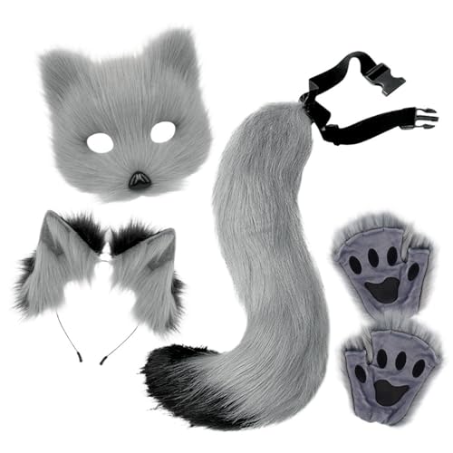 Generisch Fuchsschwanz Kunstpelz Fuchs Maske Therian Tail Tier Fuchs Kostüm Set Fuchsohren Und Schwanz Set Katzen Wolf Kostüm von Generisch