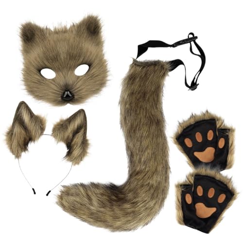 Generisch Fuchsschwanz Kunstpelz Fuchs Maske Therian Tail Tier Fuchs Kostüm Set Fuchsohren Und Schwanz Set Katzen Wolf Kostüm von Generisch