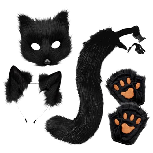 Generisch Fuchsschwanz Kunstpelz Fuchs Maske Therian Tail Tier Fuchs Kostüm Set Fuchsohren Und Schwanz Set Katzen Wolf Kostüm von Generisch