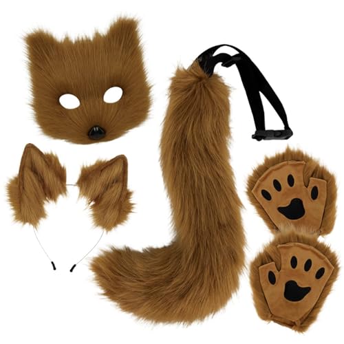 Generisch Fuchsschwanz Kunstpelz Fuchs Maske Therian Tail Tier Fuchs Kostüm Set Fuchsohren Und Schwanz Set Katzen Wolf Kostüm von Generisch