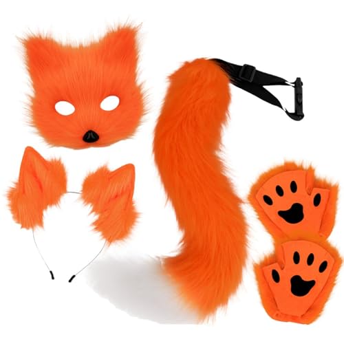 Generisch Fuchsschwanz Kunstpelz Fuchs Maske Therian Tail Tier Fuchs Kostüm Set Fuchsohren Und Schwanz Set Katzen Wolf Kostüm von Generisch