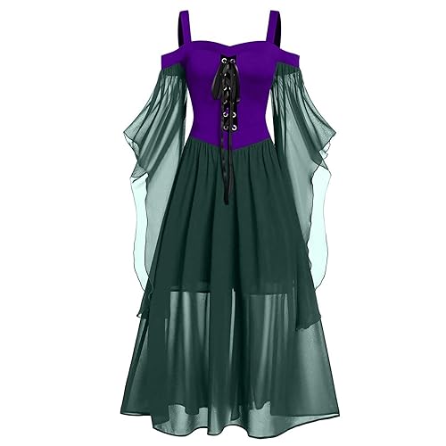 Generisch Gothic Kleidung Damen Mittelalter Kleid Halloween Kostüm Elegant Cocktailkleid Hexenkleid Fledermausärmel Ballkleider Renaissance Karneval Kostüme Partykleid 006 Lila 4XL von Generisch