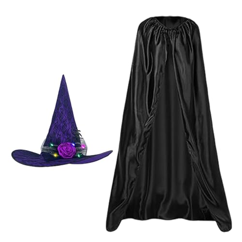 Generisch Halloween Cape Set | Halloween -Kostüme Hexen Umhang Hexe Cape - Black Cape Set mit Light -up Hexenhut, Halloween -Kostüme für Erwachsene für Kostümrollenspiele, Halloween Photo von Generisch