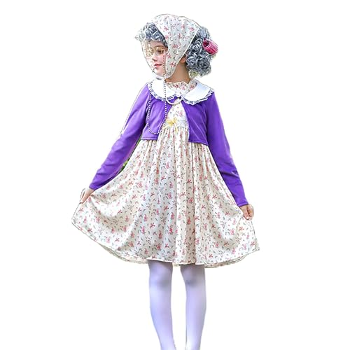 Generisch Halloween Cosplay Kostüm 2025, 100. Schultag, Kinder, Alte Dame, Kostüm, Mädchen, Oma Kleid, 100 Jahre Oma (Hellviolett, 9-10 Jahre) von Generisch