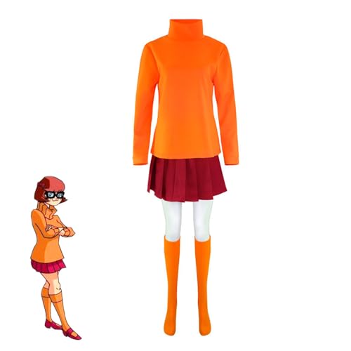 Generisch Halloween Cosplay Kostüme für Erwachsene, Velma-Kostüm, Orange Rollkragen-Top, Skaterrock, Socken für Halloween Weihnachten Karneval & Cosplay-Outfit (M) von Generisch