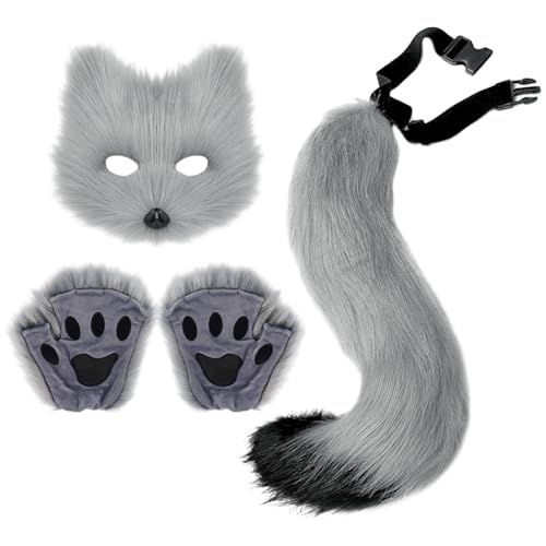 Generisch Halloween Fuchs Kostüm Cosplay Mit Furry Schwanz, Maske und Handschuhe Set, Kunstpelz Fuchs Maske Wolf Katze Flauschiger Schwanz, für Halloween Karneval Party Accessoire (Dunkelgrau) von Generisch