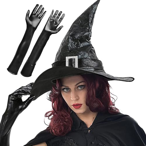 Generisch Halloween Hexenhut,Hexenhut Erwachsene,Halloween Hut Cosplay Hexen Hut | Partyhüte, Zaubererhut, schwarzer Hut mit langen Handschuhen, Halloween-Kostümzubehör, Partyzubehör, Gastgeschenke von Generisch