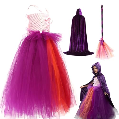 Generisch Halloween Hexenkostüme Für Mädchen - Tüll Set,Mädchen Prinzessinnen Outfit Mit Besen Umhang Für Festumzug Karneval Theateraufführung Familienfeier Kostümparty von Generisch