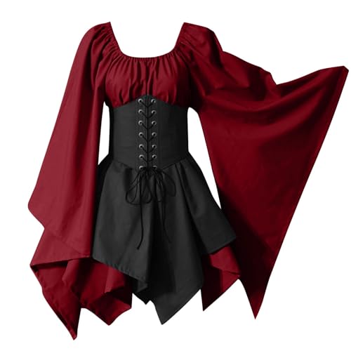 Generisch Halloween Kleid Damen Gothic Kleidung Damen Große Größen Curvy Dress Outfit Hexenkleid Plus Size Lang Oberteil Goth Halloweenkostüm Medieval Kleidung 2#tief rot L von Generisch