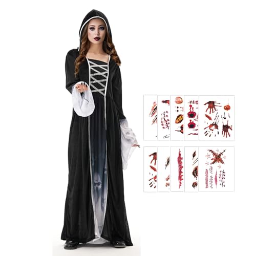 Generisch Halloween Kostüm Damen Hexe, Schwarzes Kleid, Tattoos für Karneval, Cosplay, Halloween, Maskerade von Generisch