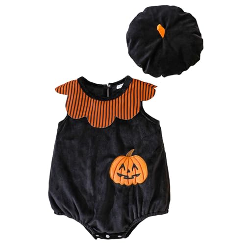 Generisch Halloween Kostüm Baby - Kürbis Ärmellos oder Langarm Pumpkin Body Overall & Mütze Sets Babykleidung Kürbis Kostüm Baby für Neugeborenes Black 3M von Generisch