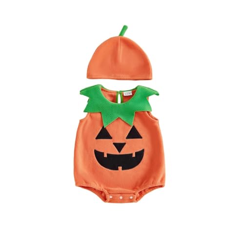 Generisch Halloween Kostüm Baby - Kürbis Ärmellos oder Langarm Pumpkin Body Overall & Mütze Sets Babykleidung Kürbis Kostüm Baby für Neugeborenes Orange 12M von Generisch