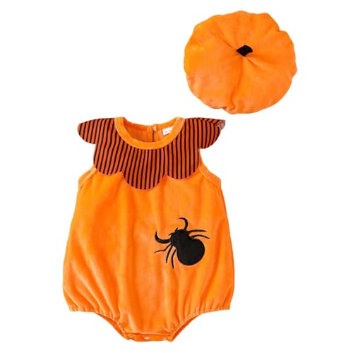 Generisch Halloween Kostüm Baby - Kürbis Ärmellos oder Langarm Pumpkin Body Overall & Mütze Sets Babykleidung Kürbis Kostüm Baby für Neugeborenes Orange 18M von Generisch