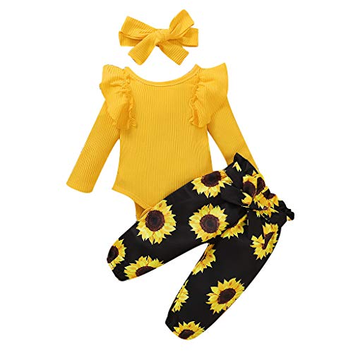 Generisch Halloween Kostüm Baby Mädchen 蹒跚学步的女婴长袖荷叶边连身衣连体衣+碎花裤套装 Halloween Baby Strampler (Yellow, 9-12 Months) von Generisch