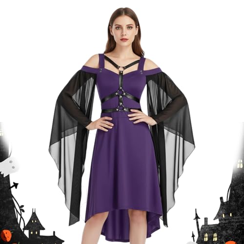 Generisch Halloween Kostüm Damen, 2025 Neu Mittelalter Gothic Kleider Kurz Hexenkostüm Damen, Halloween Karneval Festlich Cosplay Dress (Lila, XXL) von Generisch