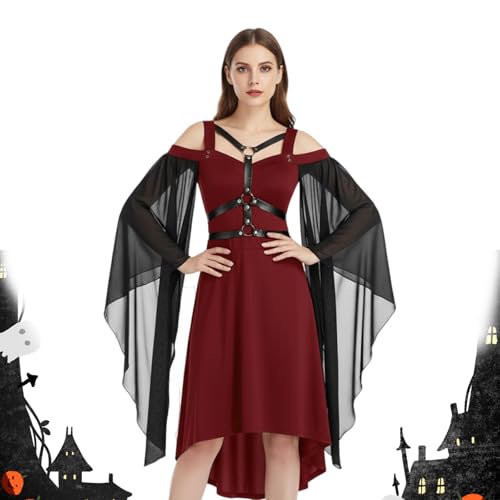 Generisch Halloween Kostüm Damen, 2025 Neu Mittelalter Gothic Kleider Kurz Hexenkostüm Damen, Halloween Karneval Festlich Cosplay Dress (Rot, L) von Generisch