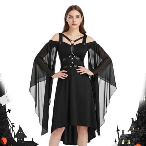 Generisch Halloween Kostüm Damen, 2025 Neu Mittelalter Gothic Kleider Kurz Hexenkostüm Damen, Halloween Karneval Festlich Cosplay Dress (Schwarz, S) von Generisch
