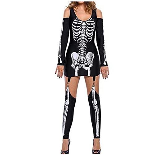 Generisch Halloween Kostüm Damen, Damen Skelett Kostüm Cosplay Overall Vampir Zombie Hexen Zauberin Bodysuit Faschingskostüme für Erwachsene Halloween Karneval Maskerade Jumpsuit von Generisch