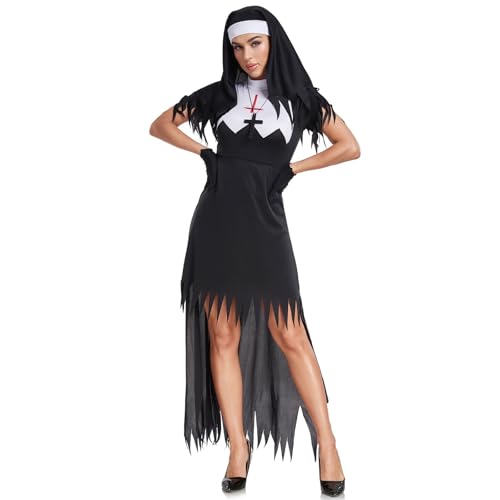 Generisch Halloween Kostüm Damen Horror Gothic Nonnenkostüm Set Cosplay Vampire Hexenkleid Inkl Kleid, Hut, Handschuhe, Halskette Generisch Halloween Kostüm Damen Horror Gothic Nonnenkostüm Set Cosplay Vampire Hexenkleid Inkl Kleid, Hut, Handschuhe, Halskette von Generisch