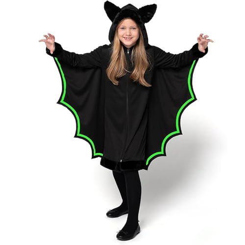 Generisch Halloween Kostüm Kinder, Fledermaus Kostüm Mädchen Junge Fledermaus Umhang Hoodie mit Leuchtend Tattoos Halloween Karneval Faschingskostüme Cosplay Mottoparty Bat Cape Fledermauskostüm von Generisch
