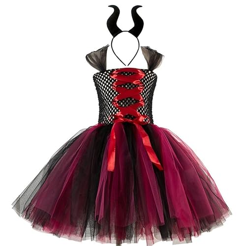 Generisch Halloween Kostüm Kinder, Maleficent Kostüm Mädchen Bösartige Böse Königin Tutu Kleider mit Hörner Kopfschmuck Halloween Fasching Karneval Verkleidung Partykleid Festival Outfit von Generisch