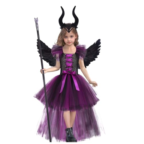 Generisch Halloween Kostüm Kinder, Maleficent Kostüm Mädchen Böse Königin Kleid mit Hörner Haarreif, Schwarze Flügel und Spazierstock für Karneval Fasching Halloween Cosplay Carnival Motto Party von Generisch