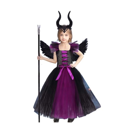 Generisch Halloween Kostüm Kinder, Maleficent Kostüm Mädchen Kleid mit Hörner Kopfschmuck, Schwarze Flügel und Spazierstock Böse Dunkle Fee Stiefmutter Königin Halloween Fasching Karneval Verkleidung von Generisch