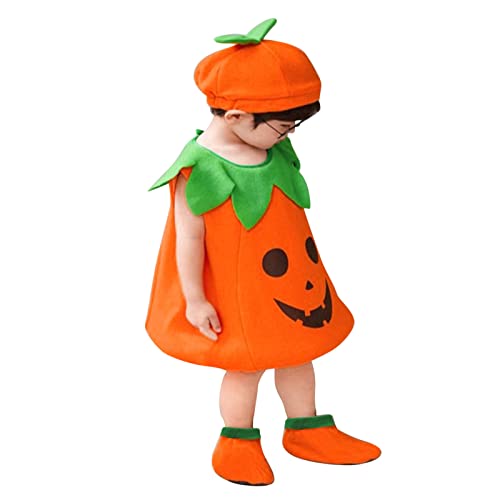 Generisch Halloween Kostüm Kürbis Kinder Baby Mädchen Junge mit Hut und Kürbistasche, Fleece Pumpkin Halloween Cosplay Kleinkind 1-6 Jahre für Halloween, Karneval Party von Generisch