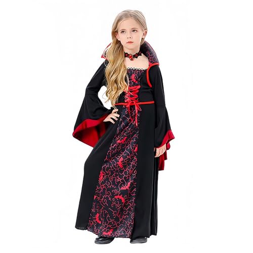 Generisch Halloween Kostüm Mädchen, Halloween Vampir Kostüm Kinder Gothic Mittelalter Kleid Mädchen mit Halskette, Vampir Costume Girl für Karneval Faschingskostüme Kostüm (H, 5-7 Jahre) von Generisch