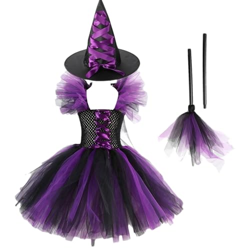 Generisch Halloween-Kostüme für Mädchen, Halloween-Kostüme mit Besen und Hexenhut, Hexenkostüm für Mädchen, Hexenkostüm, Halloween-Kostüm für Mädchen von Generisch