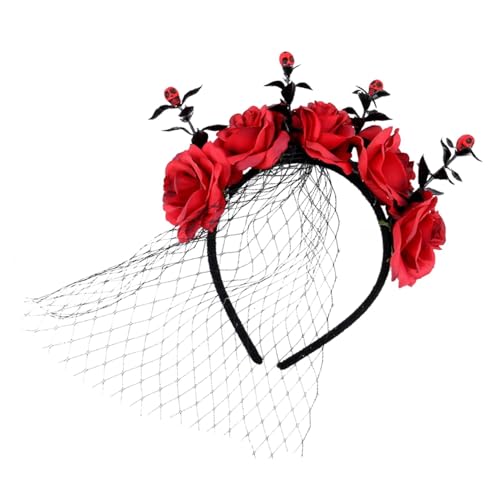 Generisch Halloween Rosenschleier Stirnband,Halloween Blumenkrone Stirnband | Blumenkrone Halloween Haarreif | Halloween-Vintage-Kronen-Stirnband, rote Rosen-Blumen-Haarbänder für Mädchen und Kinder von Generisch