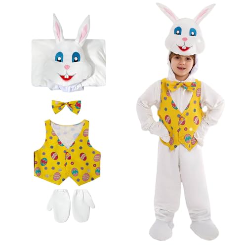 Generisch HasenkostüM Kinder, Osterhasen KostüM Jumpsuit Kinder, Maskottchen KostüM Mit Weste und Krawatte, Fasching Halloween Ostern KostüM (weiß, 3-4 Jahre alt) von Generisch