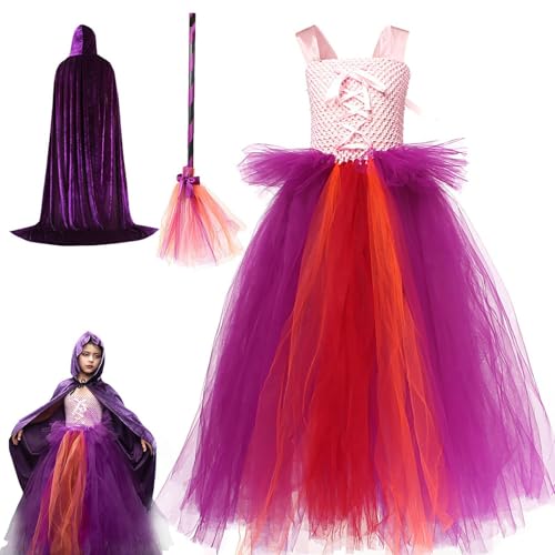 Generisch Hexenkostüm Für Mädchen - Hexenkostüm Set - Mädchen Prinzessinnen Outfit Mit Besen Umhang Für Festumzug Karneval Theateraufführung Familienfeier Kostümparty von Generisch
