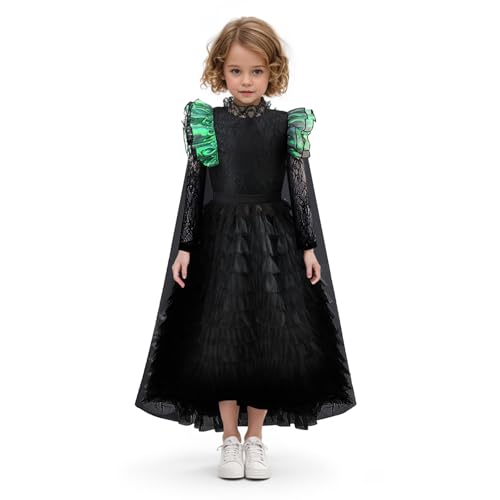 Generisch Hexenkostüm für Mädchen, Schwarzes Spitzenkleid mit Grünen Glitzerärmeln, Halloween-Tanzperformance Kostüm (Schwarz A, 9-11 Jahre) von Generisch