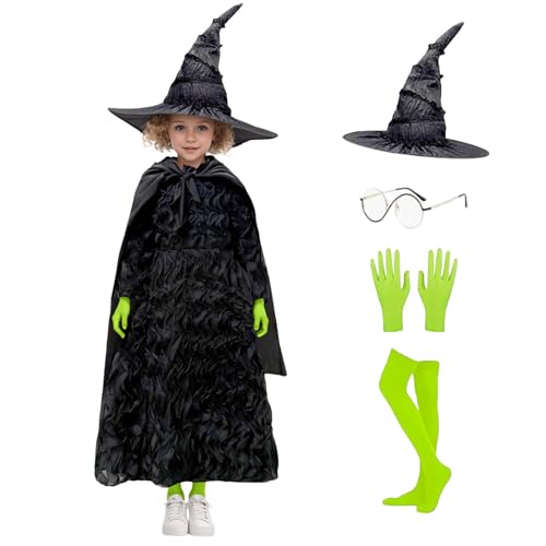 Generisch Hexenkostüm für Mädchen, Schwarzes Spitzenkleid mit Grünen Glitzerärmeln, Halloween-Tanzperformance Kostüm (Schwarz B, 6-8 Jahre) von Generisch
