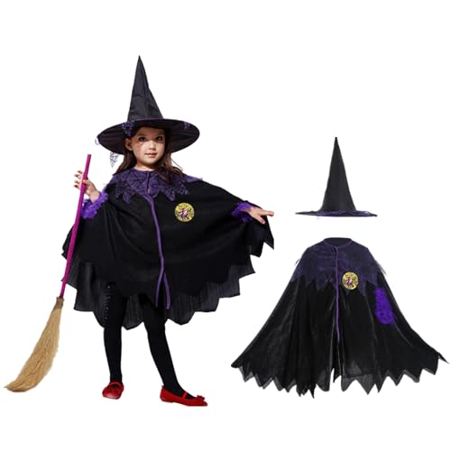 Generisch Hexenkostüm für Mädchen – Halloween Party Umhang + Spitzhut – Baby & Kleinkind Verkleidung Karneval, Fasching, Fotoshooting (130cm) von Generisch