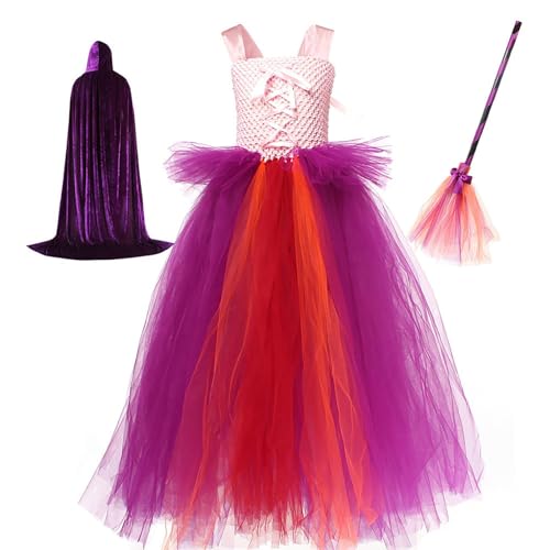 Generisch Hexenkostüm für Mädchen - Tüll Set - Mädchen Prinzessinnen Outfit Mit Besen Umhang Für Festumzug Karneval Theateraufführung Familienfeier Kostümparty von Generisch