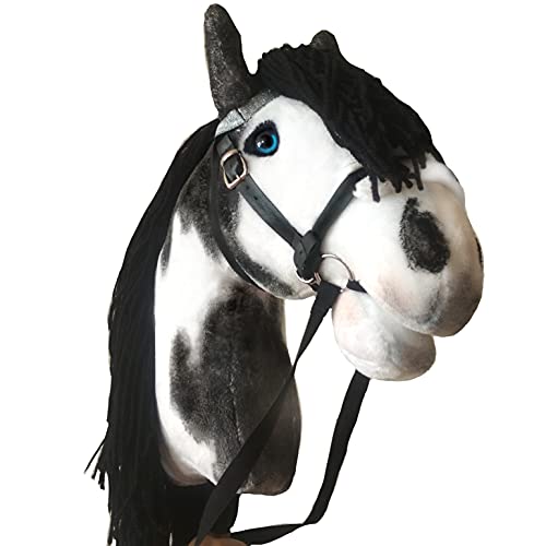 Generisch Hobby Horse schwarz-weiß | Pinto Steckenpferd | Großes Steckenpferd A3 | Abnehmbare Trense & Lange Mähne | Steckenpferde Stockpferd mit Zubehör von Generisch