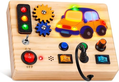 Generisch Hölzernes Switch Busy Board, Lernspielzeug für Kinder ab 36Monaten, mit Lichtern, Schaltern und Rädern von Generisch