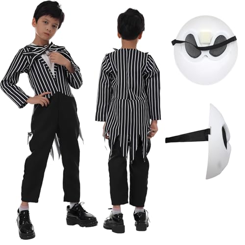 Generisch Jack Kostüm Kinder Jungen Das Skelett Skellington Cosplay Overall Maske Fliege Halloween Weihnachts Outfits 4-14 Jahre (M) von Generisch