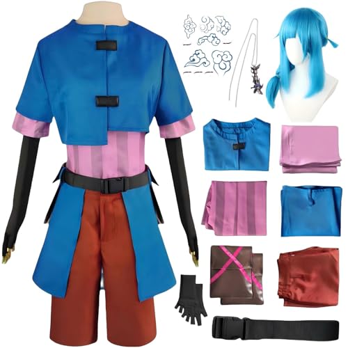 Generisch Jinxarcane Cosplay-Kostüm mit blauer Perücke, Tattoo-Aufklebern, schwarzen Gürtelhandschuhen, Halloween Damen Anime komplettes Set (Blau1, XXL) von Generisch