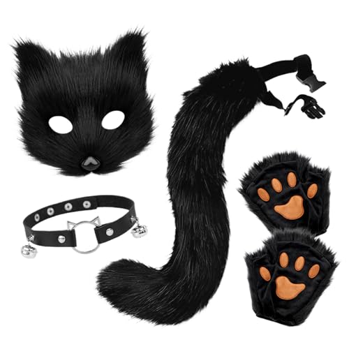 Generisch Karneval Kostüm Damen, Kunstpelz Fuchs Maske Wolf Katze Flauschiger Schwanz Leder Halskette und Pfote Handschuhe Faschingskostüme Karneval Halloween Kostüm Set für Damen von Generisch