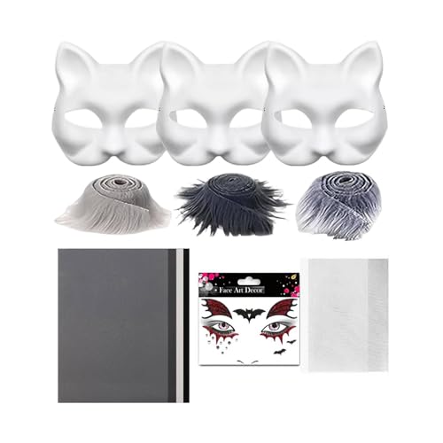Generisch Katzenmasken zum Bemalen, mit Kunstnetz und Stoff Leere, Weiße Halbmasken, Unbemalt Masken für Halloween, zum Basteln für Halloween Maskerade Maskerade Cosplay (D, A) von Generisch