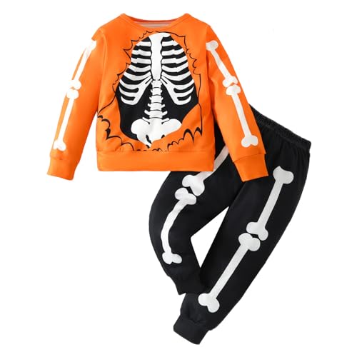 Generisch Kinder Halloween Schlafanzug Langarm Zweiteilig Pyjama Set Skelett Baumwolle Winter Schlafanzüge Nachtwäsche,Skelett Print Langarm Halloween Fasching Sweatshirt und Hose Größe 1-7 Jahre von Generisch