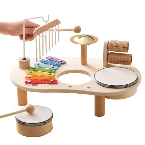 Kinder-Schlagzeug,Schlagzeug für Kinder - 7-in-1-Montessori-Lernspielzeug mit Xylophon,Musikalisches Tischspielset aus Holz mit Windspiel für Kinder ab 2 Jahren von Generisch