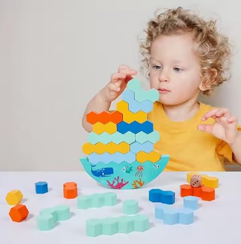 Generisch Kinder Stapelspiel Boot, Holz Bausteine Wackelturm mit Meerestieren, 27-teilig, Blau-Orange-Gelb Generisch Kinder Stapelspiel Boot, Holz Bausteine Wackelturm mit Meerestieren, 27-teilig, Blau-Orange-Gelb von Generisch