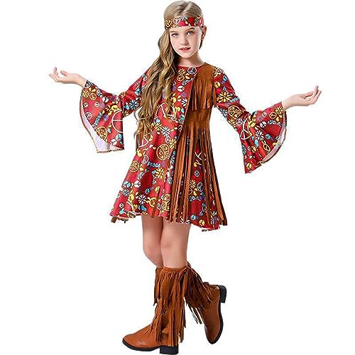 Generisch Kleid Mädchen Mädchen Hippie Kostüm Set Cosplay Disco Party Kleid Friedensliebendes Outfit Halloween Cosplay Baby Kleidung Jungen 12 Monate (Red, 7-8 Years) von Generisch