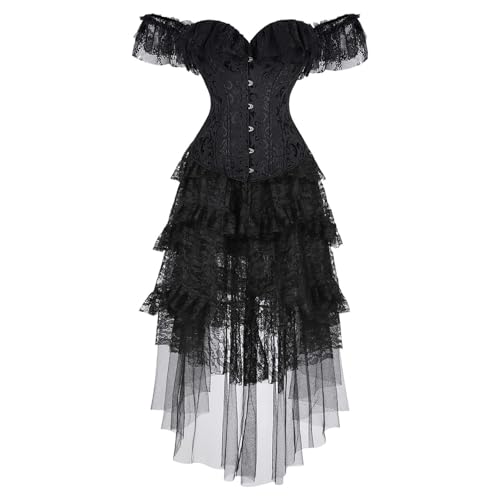 Generisch Korsage Corsage Damen mit Tütü Tüllrock Cosplay Halloween Kostüm, Karneval Kostüm Gothic Mittelalter Party Partykleid Rundhalsausschnitt Kleid Langarm Einfarbig Halloweenkleid Carneval von Generisch