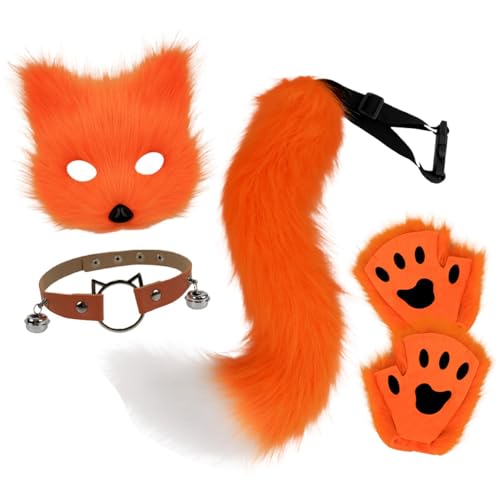 Generisch Kostüm Fasching Damen, Kunstpelz Fuchs Maske Wolf Katze Flauschiger Schwanz Leder Halskette und Pfote Handschuhe Faschingskostüme Karneval Halloween Kostüm Set für Damen von Generisch